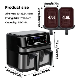 Hot Air Fryer Double Chamber 9 Litres Xxl Air Fryer With 2 Independent 4 5l Drawers 5.webp