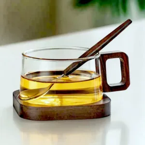 200ml American Latte Glass Coffee Mug With Wooden Tray Spoon Heat Resistant Milk Tea Cup Fresh 11.webp
