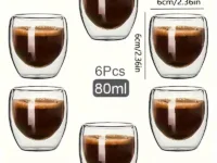 Ensemble de 6 tasses à expresso en verre double paroi 80 ml. Verres isolants, légers et résistants à la chaleur, pour café, thé ou latte. Élégance et confort au quotidien