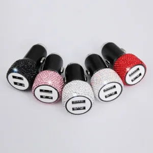 New Bling Usb Car Charger 5v 2 1a Dual Port Fast Adapter Pink Auto Decor Car 3.webp