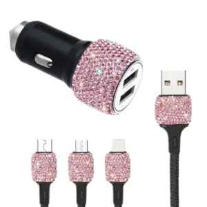 New Bling Usb Car Charger 5v 2 1a Dual Port Fast Adapter Pink Auto Decor Car 4.webp