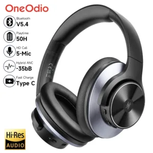 Casque Bluetooth ANC OneOdio A10 avec réduction de bruit hybride -35 dB, audio haute résolution, 40h d’autonomie, Bluetooth 5.4, micro intégré, confort premium.
