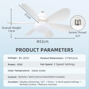 Ventilateur de plafond LED E27 avec télécommande – 3 vitesses Exp. gratuit – Image 7