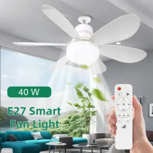 Optimisez votre confort avec ce ventilateur de plafond LED E27. Éclairage dimmable, 3 vitesses réglables, contrôle à distance, style moderne et économie d’énergie. Idéal pour salon, cuisine ou chambre.