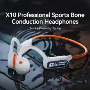 Profitez de vos musiques préférées sous l’eau avec le casque X10 Sophia : conduction osseuse, IPX8, 32 Go intégrés, affichage numérique et son immersif.