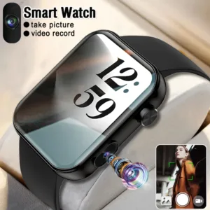 Montre connectée unisexe avec caméra HD, appels Bluetooth, cardiofréquencemètre, étanche, idéale pour le sport et compatible Android/iOS.