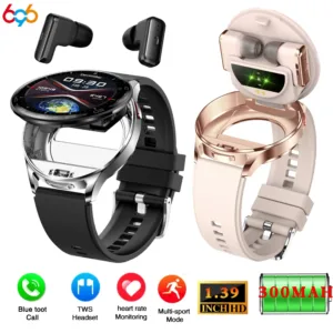 Montre connectée 2-en-1 avec écouteurs Bluetooth TWS, suivi santé, écran 1.39", IP67, 300mAh. Élégante, pratique, autonomie longue. Idéale au quotidien !
