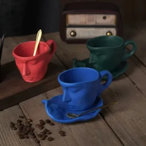 Tasse et Soucoupe en Céramique Visage Abstrait avec Cuillère – 260 ml – Art Moderne, Cadeau Design Original Env. gratuit – Image 2