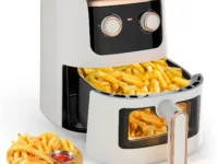 Friteuse à air Manuelle OYAJIA 5L avec fenêtre de visualisation, minuterie 60 min, contrôle numérique précis et technologie antiadhésive. Design compact, cuisson saine et sans effort.