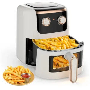  Friteuse à air Manuelle OYAJIA 5L avec fenêtre de visualisation, minuterie 60 min, contrôle numérique précis et technologie antiadhésive. Design compact, cuisson saine et sans effort.