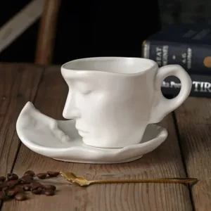 Tasse et Soucoupe en Céramique Visage Abstrait avec Cuillère – 260 ml – Art Moderne, Cadeau Design Original Env. gratuit – Image 8