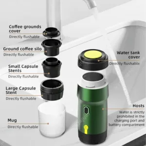 Machine à Café Électrique Portable 3-en-1 KF-JN-01 – Expresso Italien pour Voiture et Maison, Compatible Capsules & Café Moulu, Chauffage Intelligent, USB & Charge Machine à Café Électrique Portable 3-en-1 KF-JN-01 – Expresso Italien pour Voiture et Maison, Compatible Capsules & Café Moulu, Chauffage Intelligent, USB & Charge Rapide – Image 5