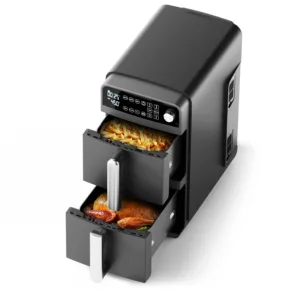 Préparez jusqu’à 4 plats en même temps avec la friteuse à air OYAJIA 10QT. Double panier, cuisson empilée, 6 fonctions, gain de place et 75% de gras en moins. Idéal pour familles nombreuses.