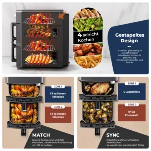 Friteuse à Air Double Panier OYAJIA 10QT – Cuisson 4 Aliments Simultanément, Design Empilable Gain de Place, 6 en 1 avec Cuisson Synchronisée Env. gratuit – Image 2