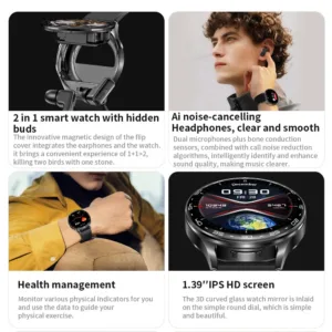 Montre Connectée avec Écouteurs TWS Intégrés – Écran 1.39" IPS, Bluetooth 5.0, Suivi Santé, IP67, 300mAh, Autonomie 25 jours. Liv. gratuit – Image 3