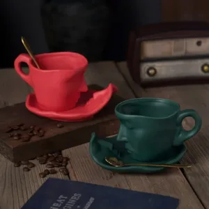 Tasse et Soucoupe en Céramique Visage Abstrait avec Cuillère – 260 ml – Art Moderne, Cadeau Design Original Env. gratuit – Image 3