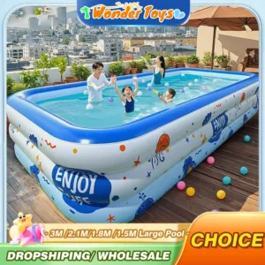 Grande piscine familiale gonflable 1,5 à 3m, sécurisée pour enfants, bébés et adultes. Utilisation intérieure/extérieure. PVC robuste, design dessin animé.