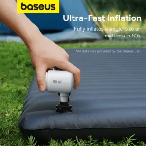 Mini pompe à air Baseus sans fil, 2-en-1 gonflage et dégonflage rapide. Ultra-légère, idéale pour matelas, sacs sous vide, camping, LED intégrée.