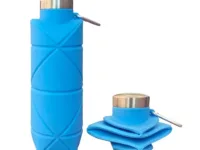 Tasse pliante Bouteille d’eau pliable 700ml en silicone platine sans BPA. Design diamant, légère et portable avec corde. Parfaite pour sport, escalade, voyage.