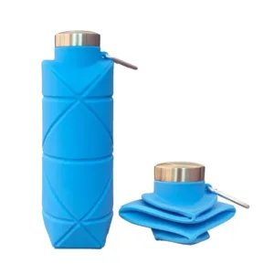 Tasse pliante Bouteille d’eau pliable 700ml en silicone platine sans BPA. Design diamant, légère et portable avec corde. Parfaite pour sport, escalade, voyage.