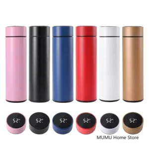 Bouteille thermos connectée 500 ml avec affichage LED de température. Acier inoxydable, isotherme, garde chaud/froid, idéale au bureau ou en déplacement.