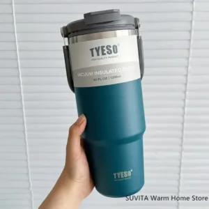 Gobelet isotherme TYESO en acier inoxydable – Tasse à café thermique 600 à 1200ml avec paille, couvercle et poignée, pour voiture et voyage Liv. gratuit – Image 4