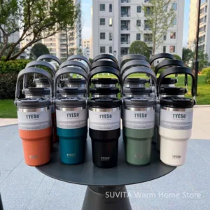 Gobelet isotherme TYESO en acier inoxydable – Tasse à café thermique 600 à 1200ml avec paille, couvercle et poignée, pour voiture et voyage Liv. gratuit – Image 5