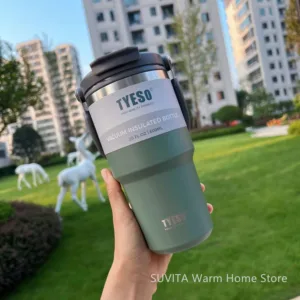 Gobelet isotherme TYESO en acier inoxydable – Tasse à café thermique 600 à 1200ml avec paille, couvercle et poignée, pour voiture et voyage Liv. gratuit – Image 6