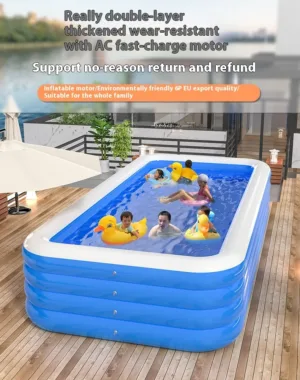 Piscine gonflable surdimensionnée avec pompe. Pour toute la famille, enfants et adultes. PVC épais, facile à installer. Idéale pour l’arrière-cour.