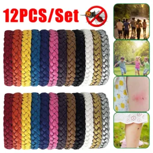 Lot de 12 bracelets anti-moustiques réutilisables, non toxiques et naturels. Pour adultes & enfants. Idéal pour voyage, camping, sport. Protection efficace longue durée.