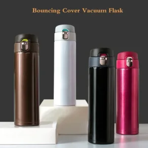 Bouteille Thermos 500 ml en inox avec couvercle à bouton. Garde les boissons chaudes 12h/froides 24h. Idéal café, thé, voyages, bureau, école ou cadeaux d’affaires.