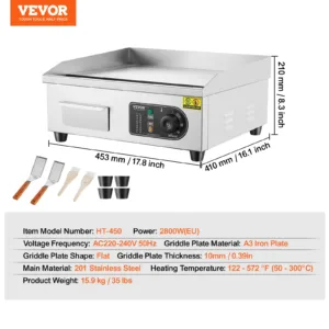 VEVOR Plancha Électrique 2800W avec Température Réglable, Surface Fonte, Accessoires Inclus – Idéale pour Restaurant et Restaurant rapide – Image 9