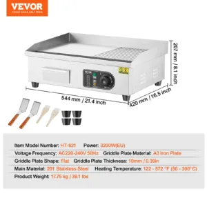 VEVOR Plancha Électrique 2800W avec Température Réglable, Surface Fonte, Accessoires Inclus – Idéale pour Restaurant et Restaurant rapide – Image 7
