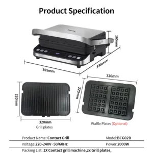 BioloMix Gril électrique 2000W avec Contrôle Numérique, Ouverture 180°, Presse à Panini et Plaques Amovibles Optionnelles (Grill / Gaufre) Env. gratuit – Image 5