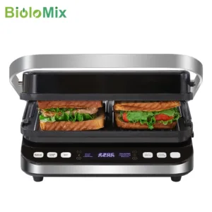 Découvrez le gril électrique BioloMix 2000W avec commandes digitales, ouverture à 180°, préréglages automatiques et plaques amovibles pour paninis, gaufres, grillades. Polyvalent, facile à nettoyer et idéal pour une cuisine saine et rapide.
