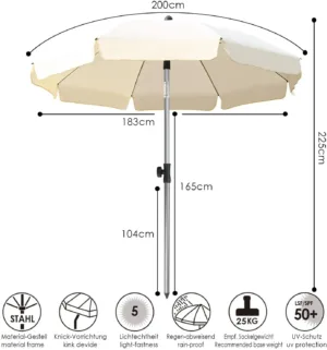 Parasol Rond 200 cm UPF 50+ - Protection Solaire Articulée, Imperméable, pour Jardin, Terrasse ou Balcon Liv. gratuit – Image 4