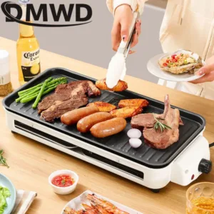 Barbecue électrique sans fumée DMWD 220V – Gril rotatif Teppanyaki 1500W avec plaque antiadhésive, brochettes, rôtissoire et collecteur d’huile amovible Liv. gratuit – Image 2