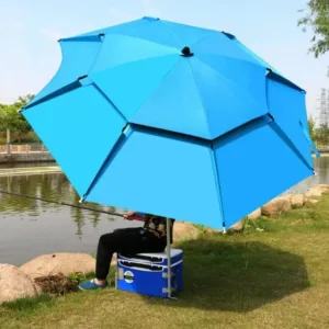 Profitez d'un parasol pliable double couche 2,2 mètres réglable à 360°, parfait pour la pêche, le camping et la plage. Résistant au vent, imperméable, avec tige en acier et os en fibre de verre. Idéal en extérieur.