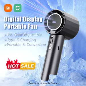 Ventilateur portable Xiaomi MIJIA, 100 vitesses réglables, Type-C, écran digital. Compact, puissant et silencieux. Idéal pour l’extérieur et la maison.