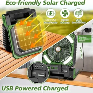 Ventilateur Solaire Portable 7800mAh avec Lanterne LED – 4 Vitesses, Recharge rapide USB & Solaire, Idéal Camping – Image 2