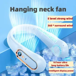 Ventilateur de cou OLEVO sans lame – 5 vitesses, silencieux, 2000mAh, écran digital, réglable multi-angle. Idéal pour sport, extérieur, été, voyage, bureau.