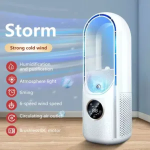 Climatiseur portable sans lame avec affichage LED, 6 vitesses, USB, réservoir 300ml. Silencieux, économique, idéal pour chambre, bureau, cuisine ou salon.