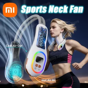 Restez au frais en toutes circonstances avec le mini ventilateur de cou Xiaomi 360°. Sans lame, silencieux, réglable, batterie 6000mAh, lumière LED – idéal voyages et sport.