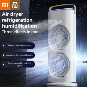 Découvrez le ventilateur Xiaomi Youpin Spray : refroidisseur d’air portable à double tête avec brumisation, télécommande, 3 vitesses et design compact pour un été frais et silencieux.