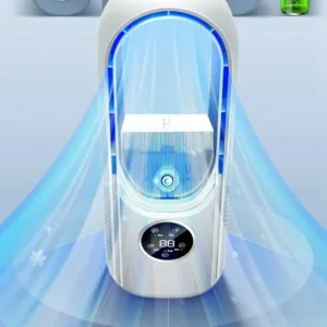 Restez au frais partout avec le ventilateur sans pales KUALOOL. Refroidisseur d’air USB portable 6 vitesses, humidificateur intégré, minuterie silencieuse. Idéal pour le bureau ou la maison !