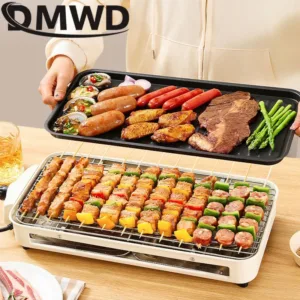 Profitez d'une cuisson saine et sans fumée avec le barbecue électrique DMWD 1500W. Idéal pour les brochettes, rôtis et Teppanyaki. Plaque antiadhésive, gril rotatif, collecteur d'huile.