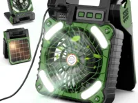 Ventilateur solaire portable 7800mAh avec lanterne LED, recharge USB/solaire, silencieux, 4 vitesses. Idéal camping, voyage, urgence ou panne de courant.
