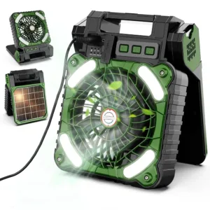 Ventilateur solaire portable 7800mAh avec lanterne LED, recharge USB/solaire, silencieux, 4 vitesses. Idéal camping, voyage, urgence ou panne de courant.
