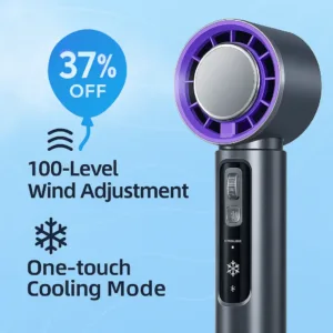  Ventilateur portable 100 vitesses avec refroidissement par glace en 1 seconde, batterie 4000 mAh. Idéal été, voyage, bureau. Silencieux, puissant, intelligent.