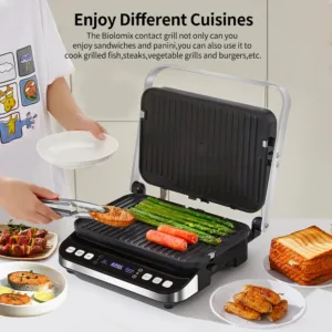 BioloMix Gril électrique 2000W avec Contrôle Numérique, Ouverture 180°, Presse à Panini et Plaques Amovibles Optionnelles (Grill / Gaufre) Env. gratuit – Image 6